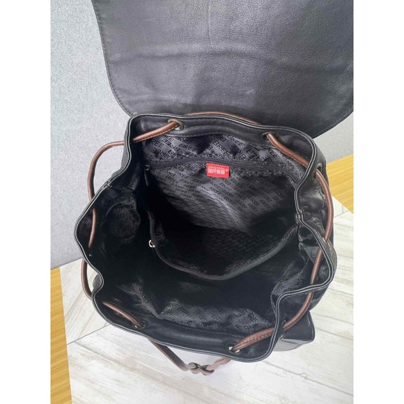 BREE Germany Leather Backpack Purse Black Brown Two Tone Drawstring Flap Bag VTG main image 4